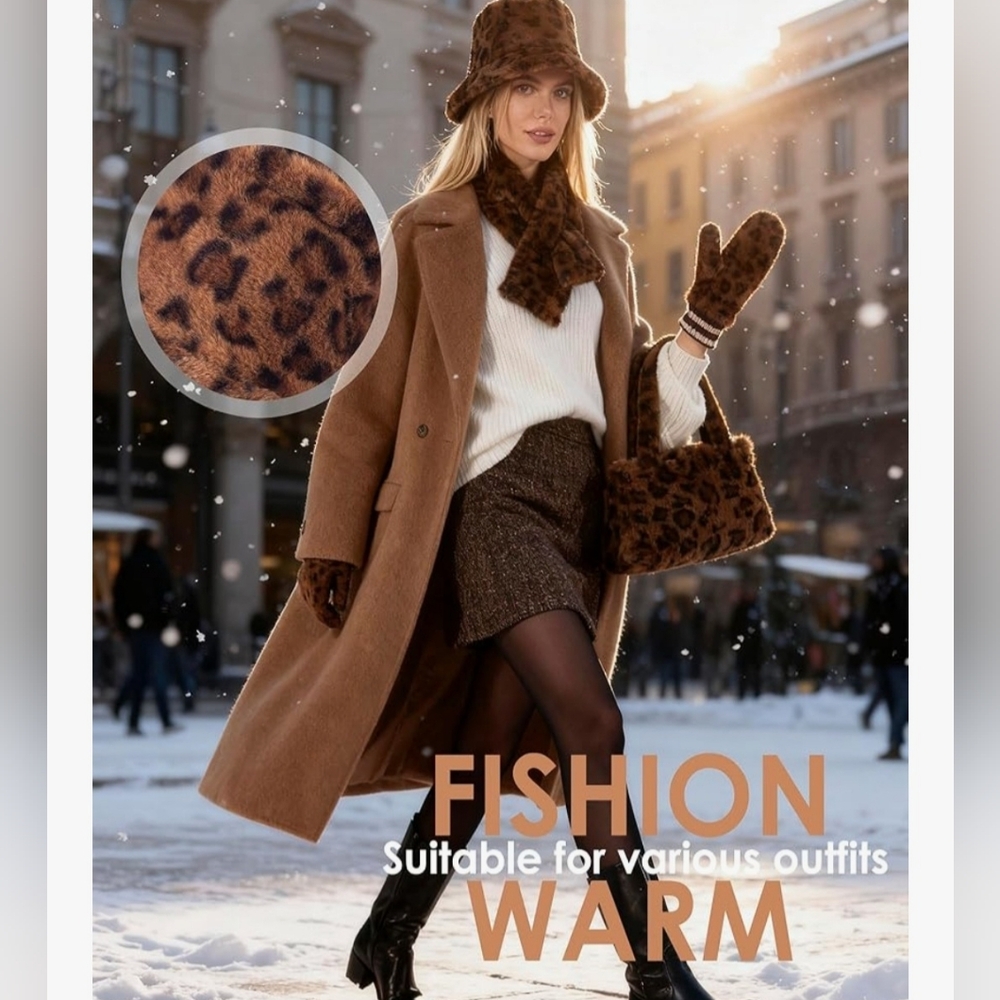 Leopard Print Faux Fur Hat & Accessory Set - Brown - Picture 6 of 9